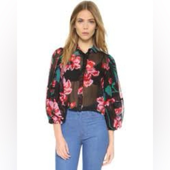 Nicholas Black Floral Sheer Balloon Sleeve Blouse - Size Medium - Picture 1 of 11